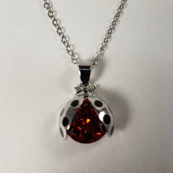 Women Sterling Silver overlay Red Ruby Stone Swarovski Crystal Ladybug Necklace - Picture 5 of 10